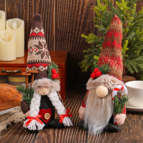 Gnomi di Natale Peluche Ornamenti Cappello a Maglia Fiocco di Neve Bambola senza Volto Barba Trecce Decorazioni per la Casa