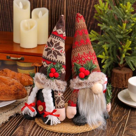 Gnomi di Natale Peluche Ornamenti Cappello a Maglia Fiocco di Neve Bambola senza Volto Barba Trecce Decorazioni per la Casa