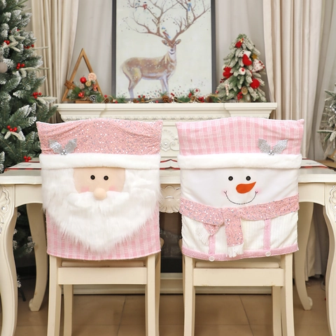 Pink Christmas Chair Back Covers Set Santa Claus Snowman Reindeer Sequin Plush Dining Room Chair Seats Covers For Home Xmas Party Decor