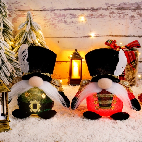 Christmas Nutcracker Soldier Gnome Plush LED Glowing Standing Doll Ornament With Feather Hat For Holiday Home Decor Party Gift