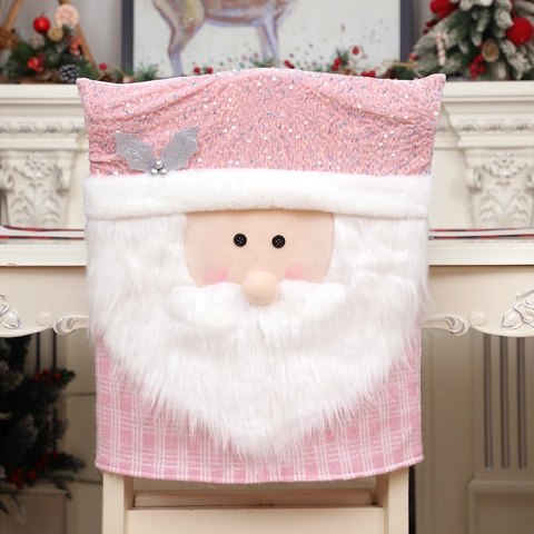 Pink Christmas Chair Back Covers Set Santa Claus Snowman Reindeer Sequin Plush Dining Room Chair Seats Covers For Home Xmas Party Decor