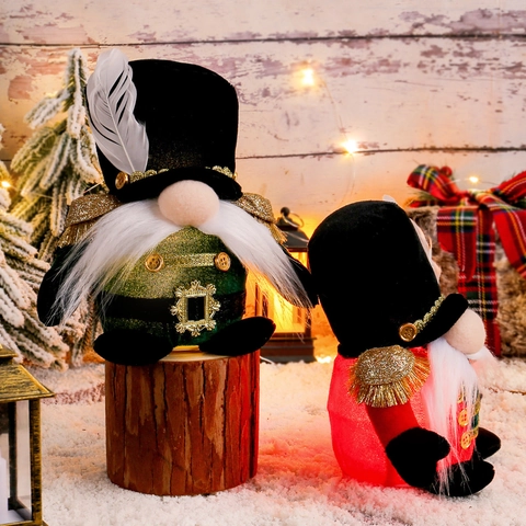 Christmas Nutcracker Soldier Gnome Plush LED Glowing Standing Doll Ornament With Feather Hat For Holiday Home Decor Party Gift