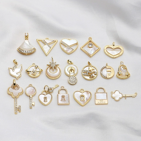 Copper Gold Plated Mother Of Artificial Pearl Zircon Pendants DIY Key Lock Heart Star Moon Bird Charms For Jewelry Making Accessory