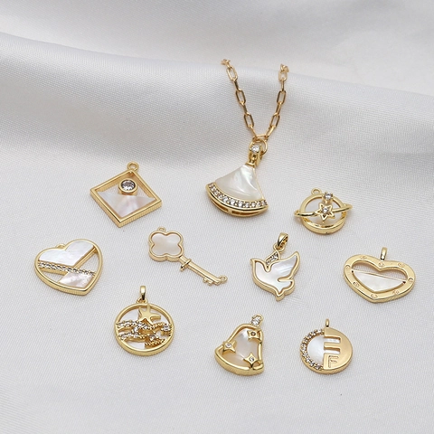 Copper Gold Plated Mother Of Artificial Pearl Zircon Pendants DIY Key Lock Heart Star Moon Bird Charms For Jewelry Making Accessory