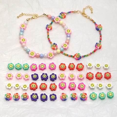 Perles en Pâte Polymère Visage Souriant Fleur Colorée Pour la Fabrication de Bijoux DIY Bracelet Collier Boucles d'Oreilles