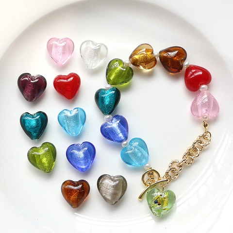 Βίντατζ Γυάλινες Χάντρες Lampwork σε Σχήμα Καρδιάς Πολύχρωμες Χύμα Χάντρες Με Φύλλο Χρυσού για DIY Κατασκευή Κοσμημάτων