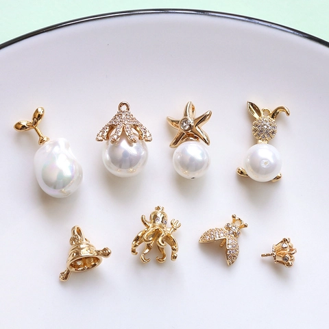 Copper Gold Plated Zirconia DIY Jewelry Pendants For Baroque Pearl Accessories Rabbit Octopus Starfish Shaped Bead Cap Findings