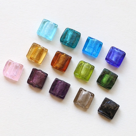 Handmade Lampwork Glass Square Beads With Sparkling Inner Foil For DIY Jewelry Making Pendants Earrings Necklaces Supplies