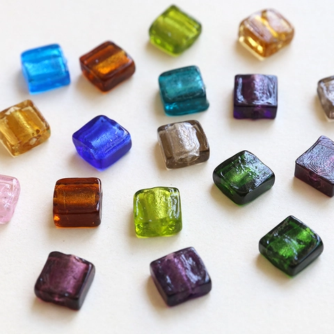 Handmade Lampwork Glass Square Beads With Sparkling Inner Foil For DIY Jewelry Making Pendants Earrings Necklaces Supplies