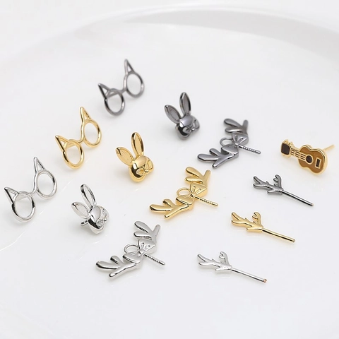 Copper Gold Plated DIY Jewelry Findings Animal Rabbit Cat Antler Guitar Stud Earrings With 925 Sterling Silver Post