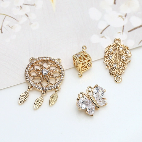 Copper Gold Plated Zirconia Dreamcatcher Butterfly Leaf Cube DIY Jewelry Pendants Necklace Bracelet Accessories Pendants