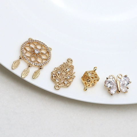 Copper Gold Plated Zirconia Dreamcatcher Butterfly Leaf Cube DIY Jewelry Pendants Necklace Bracelet Accessories Pendants
