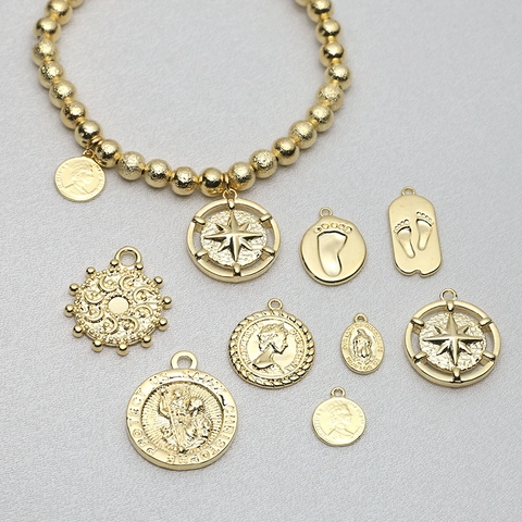 Vintage Gold Alloy Coin Pendants Religious Portrait Saint Christopher Charms Footprint Star DIY Jewelry Making Accessories For Necklaces Bracelets