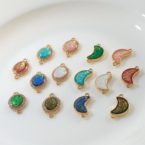 Gold Plated Copper Oval Moon Connector Pendants With Rhinestone Glitter For DIY Jewelry Making Necklace Earrings Accessories