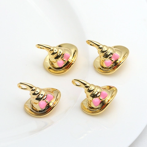 Copper Plated Real Gold Witch Hat Pendant With Pink Bow Enamel DIY Jewelry Making Accessories Magic Elf Hat Charms For Necklace