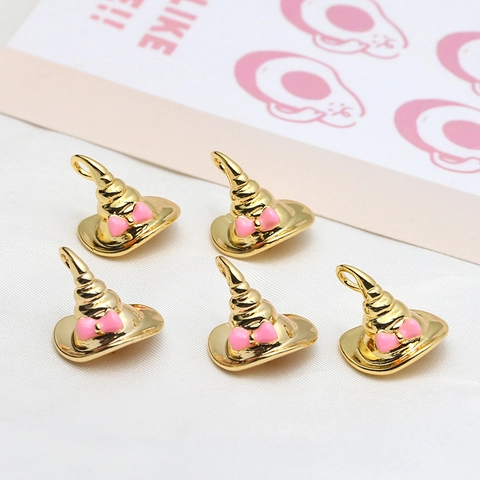 Copper Plated Real Gold Witch Hat Pendant With Pink Bow Enamel DIY Jewelry Making Accessories Magic Elf Hat Charms For Necklace