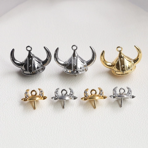 DIY Copper Plated Viking Bull Horn Helmet Pendant For Jewelry Making Rhinestone Bull Head Charm Handmade Craft Material