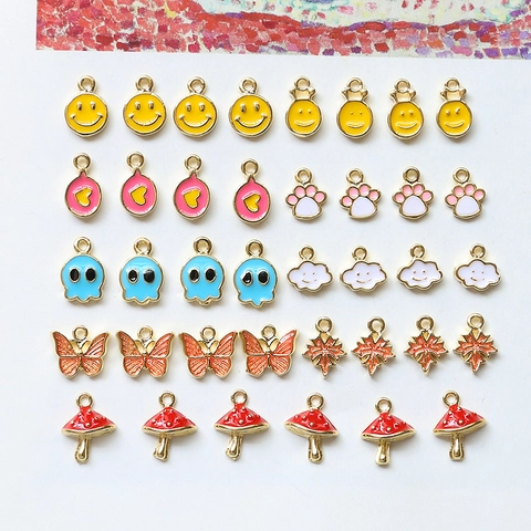 Mini Enamel Alloy Smile Face Butterfly Maple Leaf Cloud Mushroom Octopus Cat Paw Pendant Charms DIY Jewelry Making Accessories