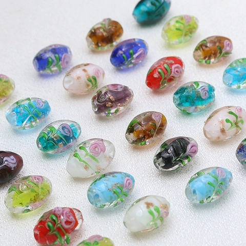 Handmade Oval Lampwork Glass Beads Vintage Gold Foil Rose Flower Pattern DIY Loose Beads Jewelry Making Accessory