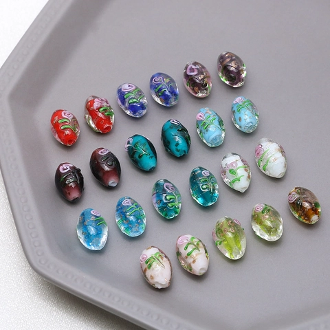Handmade Oval Lampwork Glass Beads Vintage Gold Foil Rose Flower Pattern DIY Loose Beads Jewelry Making Accessory