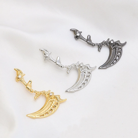 Gothic Scythe Charm Pendant Gold Plated Copper With Zircon Bone Texture Dark Style Halloween DIY Jewelry Making Accessory