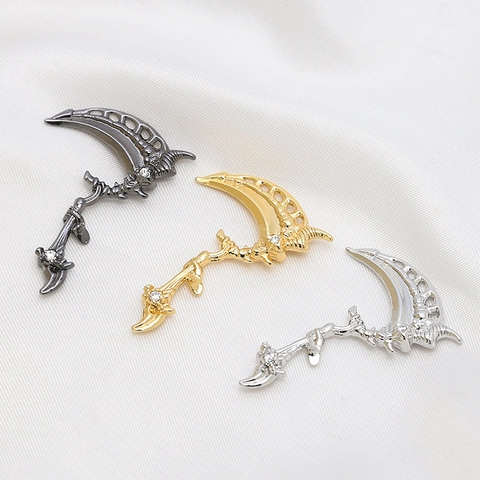 Gothic Scythe Charm Pendant Gold Plated Copper With Zircon Bone Texture Dark Style Halloween DIY Jewelry Making Accessory