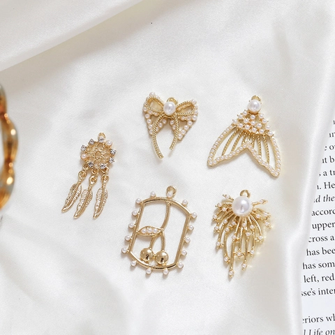 Vintage Alloy Artificial Pearl Rhinestone Charms For DIY Jewelry Making Bow Fishtail Dreamcatcher Cherry Pendants For Women