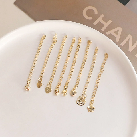 14K Gold Plated Extension Chain With Pendant Heart Star Flower Rose For DIY Necklace Bracelet Making Jewelry Material