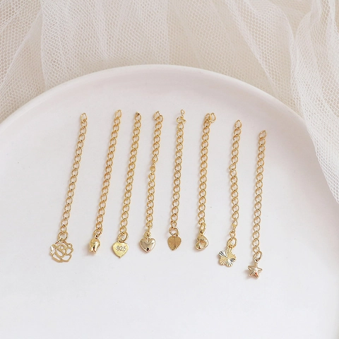 14K Gold Plated Extension Chain With Pendant Heart Star Flower Rose For DIY Necklace Bracelet Making Jewelry Material