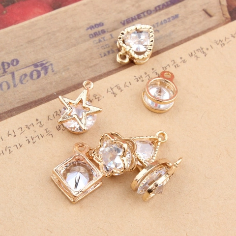 Geometric Metal Alloy Pendant Inlaid With Zircon For DIY Jewelry Making Gold Silver Star Heart Round Shape Charm
