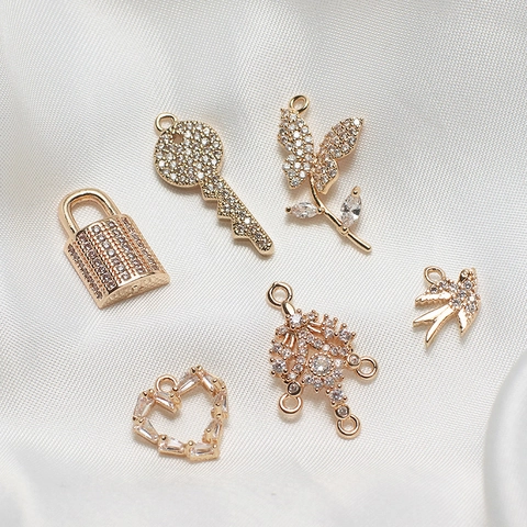 Pendentifs en Alliage Plaqué Or avec Strass pour Création de Bijoux DIY Breloques Forme Coeur Clé Serrure Oiseau Fleurs