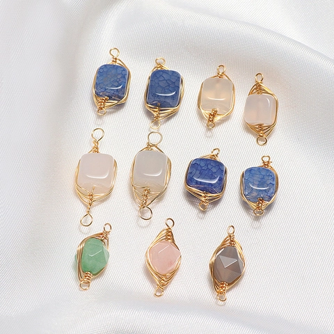 Pendentifs en Pierre Naturelle Enveloppés de Fil de Cuivre Faits à la Main Connecteurs Forme Carrée et Larme pour Création de Bijoux DIY Boucles d'Oreilles Collier Femme