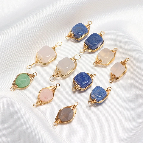 Pendentifs en Pierre Naturelle Enveloppés de Fil de Cuivre Faits à la Main Connecteurs Forme Carrée et Larme pour Création de Bijoux DIY Boucles d'Oreilles Collier Femme
