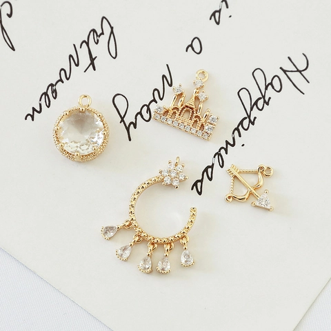 Vintage Gold Plated Alloy Zircon Pendants Castle Bow Arrow Round Moon Charms For DIY Jewelry Making Necklaces Earrings Accessories