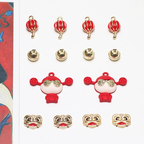 Colgantes de Aleación Esmaltada Estilo Chino Linterna Roja Cabeza de León Campana para Creación de Joyería DIY Pendientes Collar