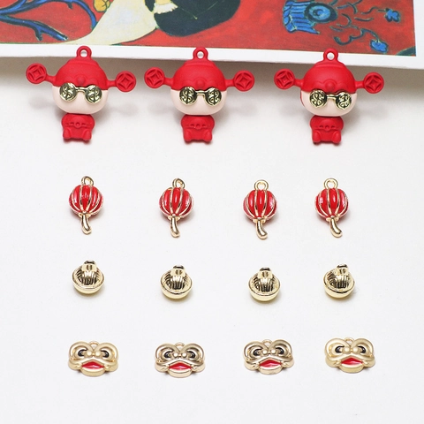 Colgantes de Aleación Esmaltada Estilo Chino Linterna Roja Cabeza de León Campana para Creación de Joyería DIY Pendientes Collar