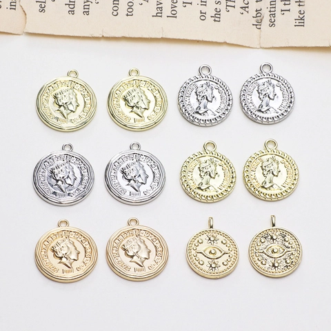 Vintage Alloy Elizabeth II Portrait Coin Pendant Electroplated Retro Round Disc Evil Eye Charms For Jewelry Making DIY Accessory