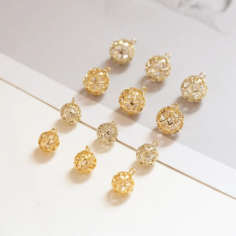 Hollow Heart Pattern Round Ball Pendant Gold Plated Copper Zirconia Inlaid Charm DIY Jewelry Necklace Earring Accessory