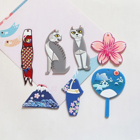 Pendentif en Acrylique Style Japonais Imprimé Mont Fuji Koï Kimono Chat Breloques pour Accessoires DIY Boucle d'Oreille Porte-Clés