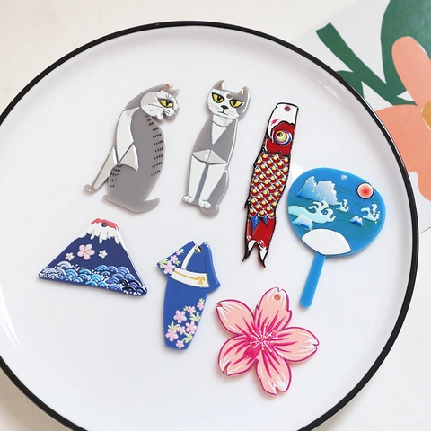 Japanse Stijl Acryl Hanger Bedrukt Fuji Koi Kimono Kat Patroon Charms Voor DIY Oorbel Sleutelhanger Accessoires