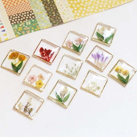 Romantic Square Resin Preserved Flower Patch For DIY Jewelry Making Gold Plated Alloy Frame Transparent Floral Earring Accessory