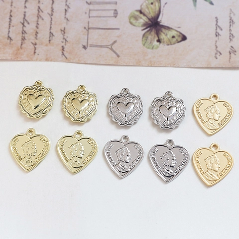 Vintage European Heart Alloy Pendants Gold Silver Plated Queen Portrait Coin Design DIY Jewelry Making Findings Necklaces Earrings Materials
