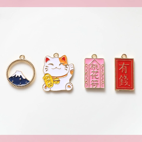 Legering Verzilverde Gelukskat Mount Fuji Emaille Bedeltjes Hangers Voor DIY Sleutelhanger Tas Sieraden Maken Accessoires