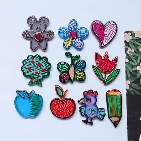 Hand Painted Style Acrylic Pendants For DIY Keychain Jewelry Making Apple Bear Bird Pencil Heart Shape Doodle Charms