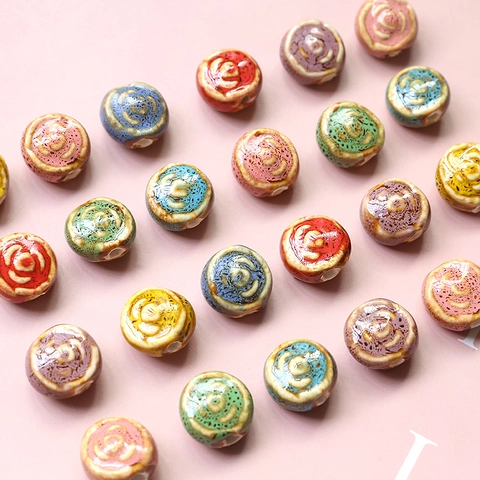 Vintage Ceramic Rose Flower Flat Round Loose Beads Hand-Painted Kiln Glazed DIY Jewelry Findings For Bracelet Necklace Making