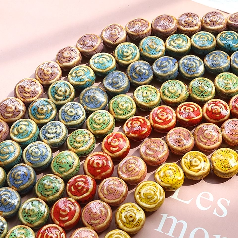 Vintage Ceramic Rose Flower Flat Round Loose Beads Hand-Painted Kiln Glazed DIY Jewelry Findings For Bracelet Necklace Making