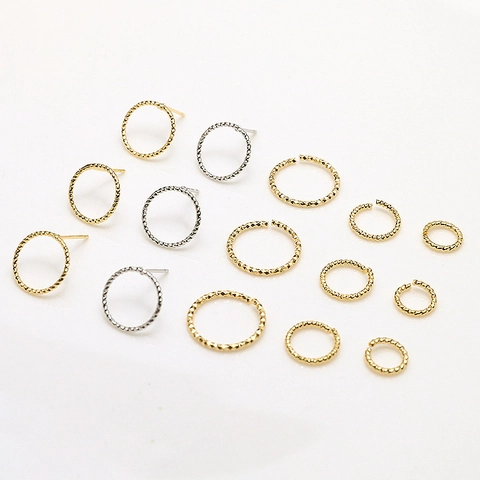 18K Gold Plated Copper Hollow Round Stud Earrings DIY Jewelry Findings Textured Open Jump Rings For Handmade Accessories