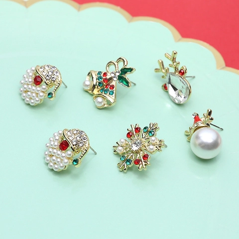 Christmas Reindeer Snowflake Bell Earring Stud Components With 925 Sterling Silver Earring Post Alloy Rhinestone Artificial Pearl Accessory