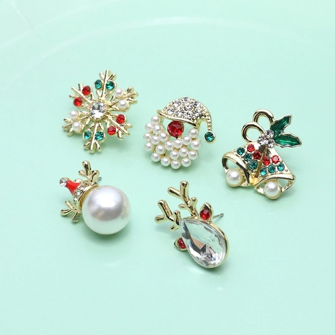 Christmas Reindeer Snowflake Bell Earring Stud Components With 925 Sterling Silver Earring Post Alloy Rhinestone Artificial Pearl Accessory