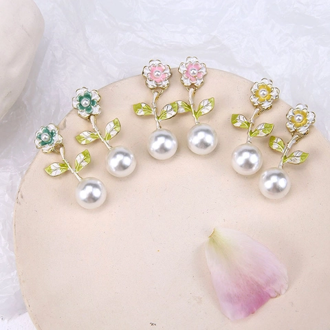 Legierung Emaille Blume Künstliche Perle Ohrhänger Mit 925 Sterling Silber Ohrstecker-Stift Floral Blatt Damen Schmuck